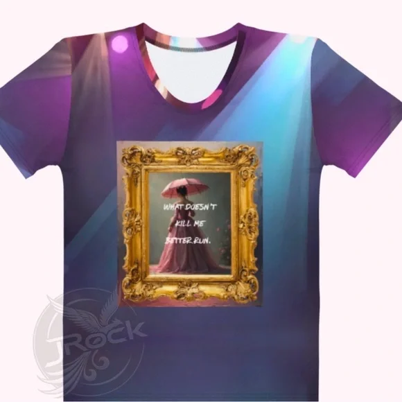 ❌SOLD Women’s all-over Graphic Too. Purple Blue Gold Graphic Tee - Picture 4 of 7